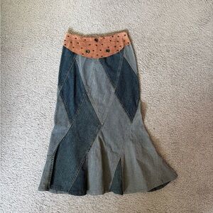 Stylish Denim Patchwork Midi Skirt with Suede Waistband
